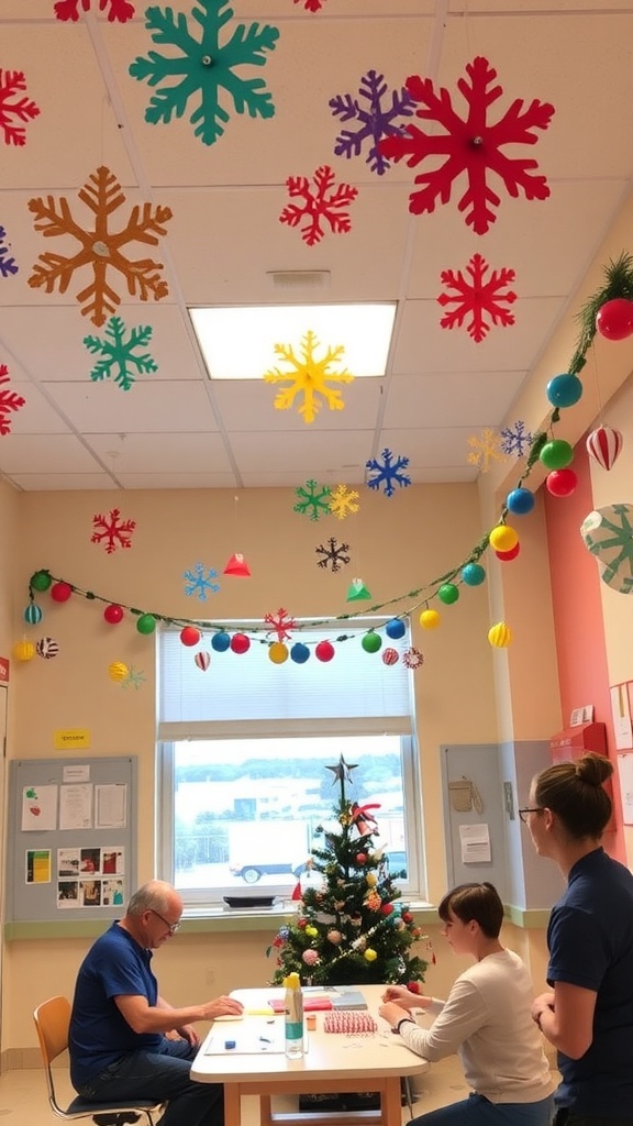 DIY Christmas decorations including paper snowflakes and garlands in a hospital.